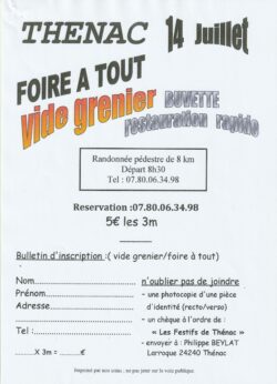 Mardi 14 juillet à Thénac : foire à tout, vide grenier et randonnée pédestre.